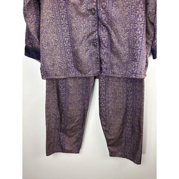 Victoria's Secret Satin-Like Pajama Set Purple Gold Paisley Button Shirt Pants S - Picture 5 of 16